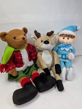 3 Pc Christmas Plush Shelf Sitters- Girl Bear Corduroy Reindeer Light Blue Elf